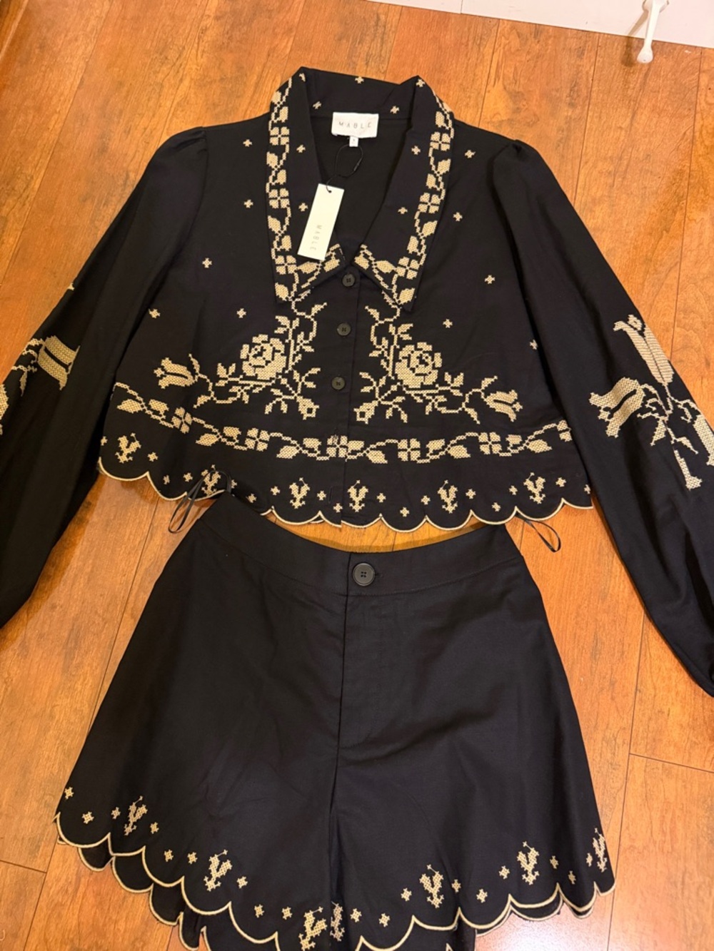 MARBLE Black Top with Cream Embroidered Detail Short Set